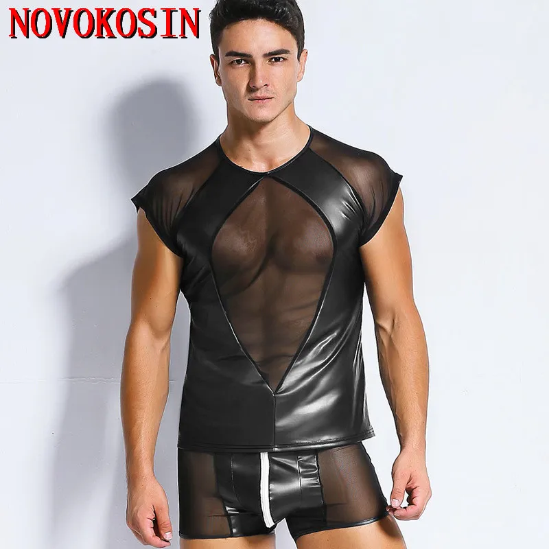 

XX100 2018 Summer Black Moto Biker Faux Leather Front Tulle Patchwork Men Fitness Tops Tees Transparent Short Sleeves T Shirt