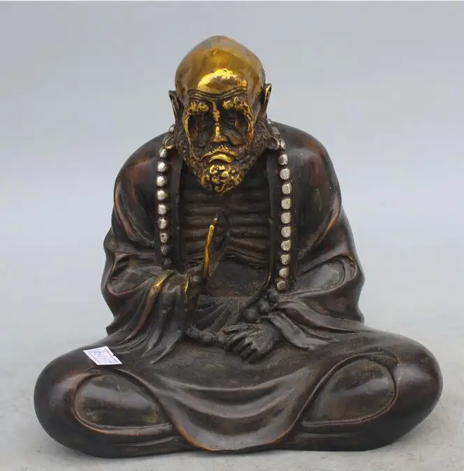 

free 8" Chinese Silver Bronze Gilt Seat Arhat Damo Bodhidharma Dharma Buddha Statue fast