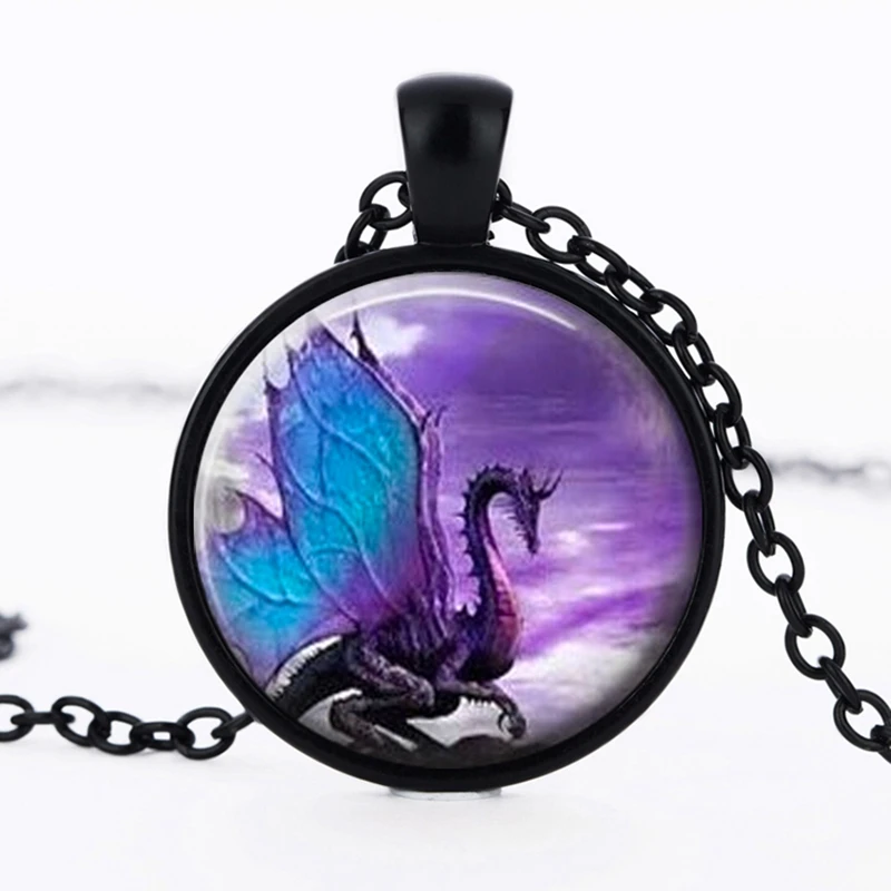 

SUTEYI Fashion Blue Dragon Necklace Crystal Glass Dome Pendant Long Chain Necklaces Winged Dragon Fantasy Handmade Jewelry