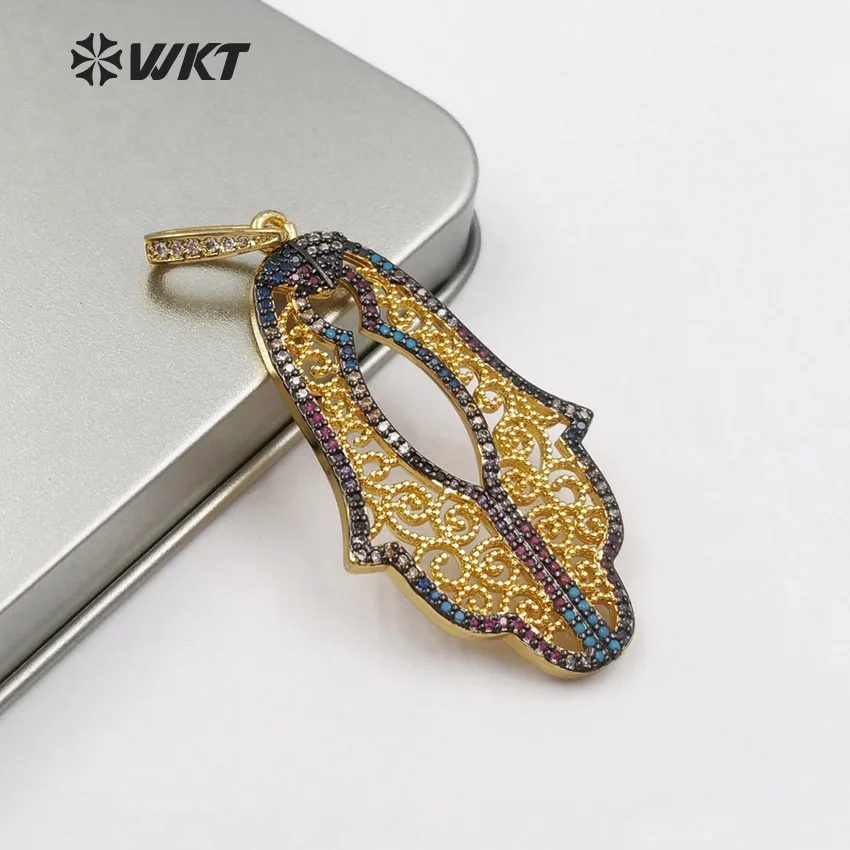 

WT-MP108 Delicate CZ Micro Pave Colorful Jewelry Filigree Hamsa Pendant Large Fretwork Hand Of Fatima Bohemia Gift For Women