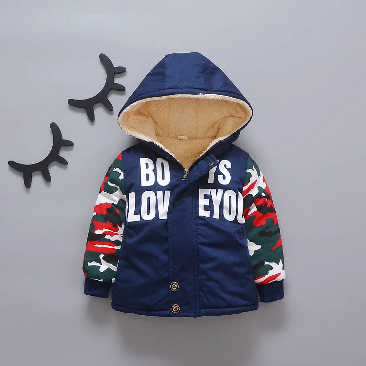 BibiCola New Arrived Baby Boys Autumn Winter Warm Coat With Hooded Infant Fashion Letter Print Outwear Kids Cotton Clothes