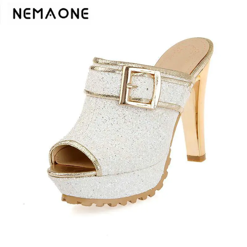 

New sexy Woman Sandals Solid Peep Toe Thin High Heels slipper summer party shoes Woman