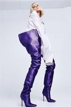 

2018 Women High Waist Boots Pointed Toe Gladiator Crotch Extreme Celebrity Long Boots Purple orange Chaussure Femme Big Size 45