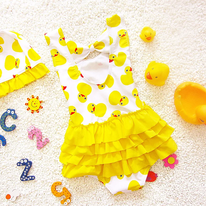 

Super Cute Duckling Printing Soft Breathable Skirt Swimsuit Same Color Scheme One-piece Girl Baby Holiday Swimwear Cap Two Piece