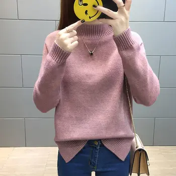 

2018 New Autumn Winter Women Sweaters Fashion Female Half Turtleneck Pullovers Loose Knitted Sweaters Female Casual Tops LQ363
