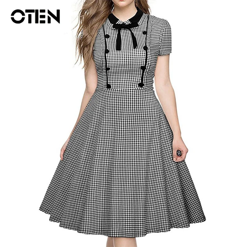 

OTEN 2019 Women Summer new fashion vintage plaid tartan printed short sleeve party casual ladies black midi dresses flare dress