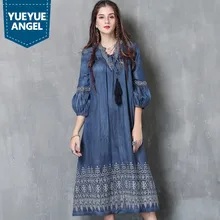 Indie Folk – Robe en Jean rétro pour femmes, demi manches lanterne, broderie, coupe ample, élastique, à la mode