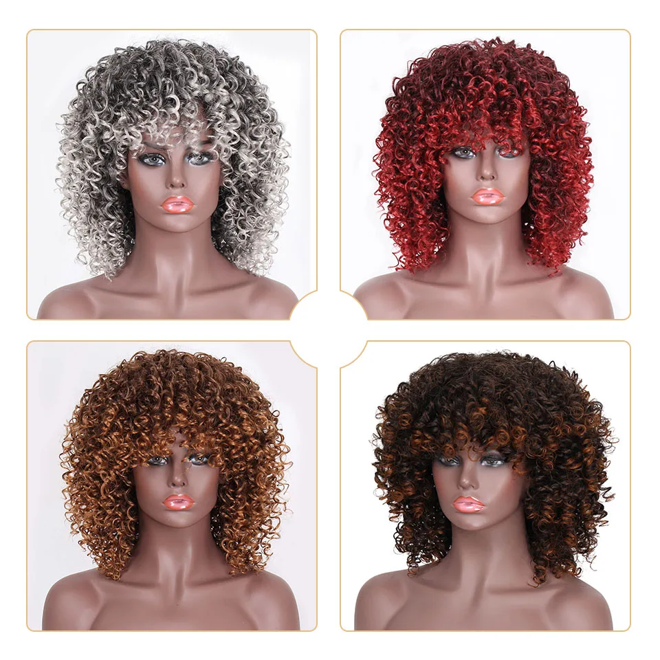 Pelucas negras y rojas con pelo Afro rizado sintético para mujer