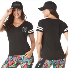 FIT FUNKY Женская трикотажная одежда из хлопка спортивная одежда для бега футболка Топы v-образный вырез кристаллы TopT1935