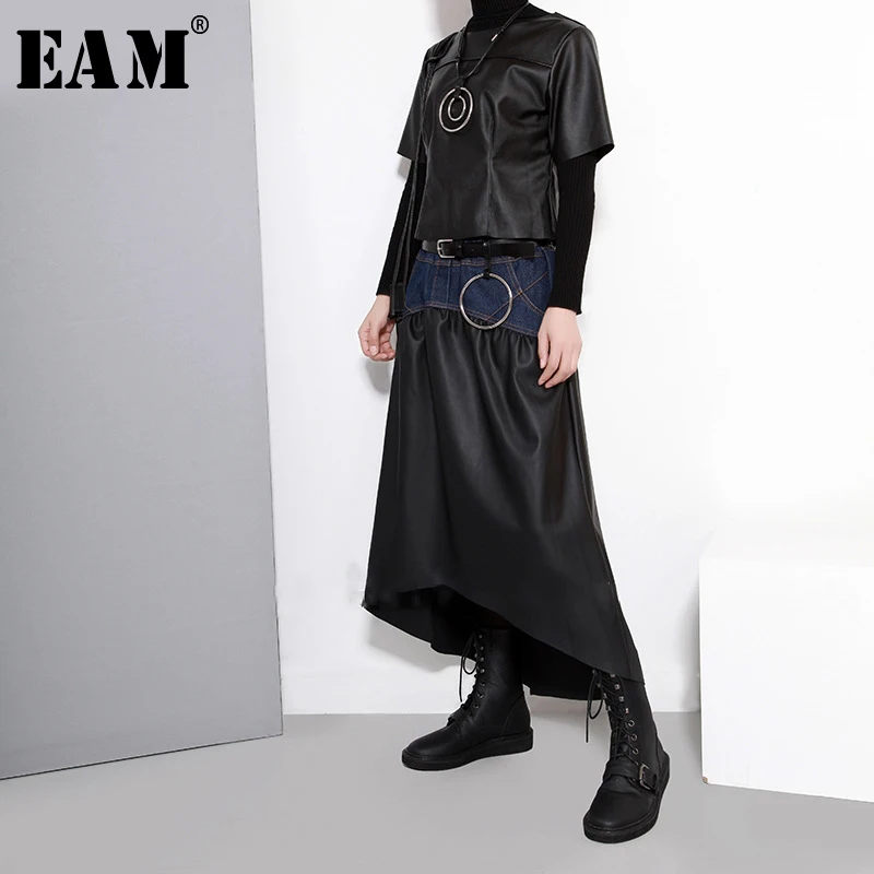 

[EAM] 2019 New Spring Summer High Waist Balck Pu Leather Stitch Irregular Hem Denim Half-body Skirt Women Fashion Tide JO273