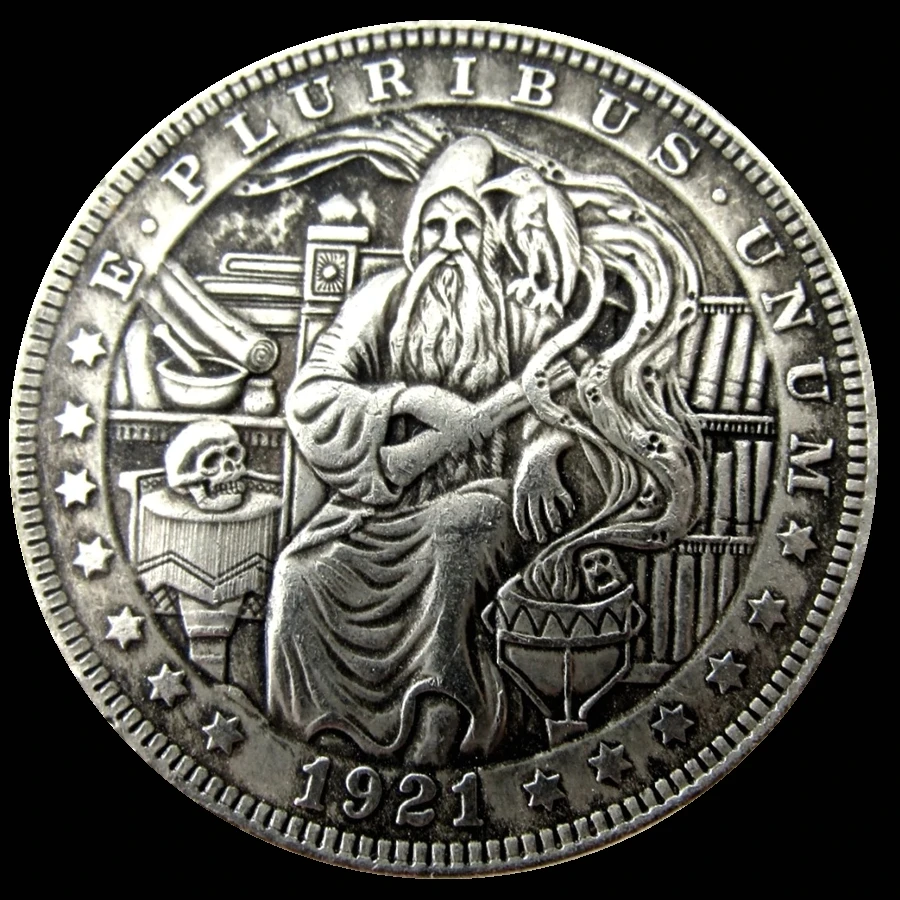 Hobo Coins 1921 Dollar In Wizard Design Carved Silver Plated