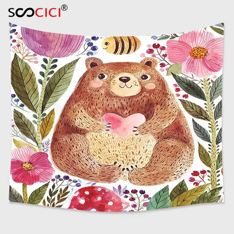 

Cutom Tapestry Wall Hanging,Watercolor Flower Decor Modern Illustration Of Cute Bear With Flowers And Bee Animal Spirit Art