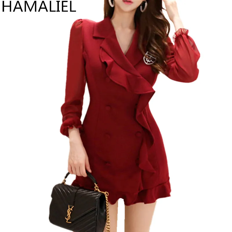 

HAMALIEL Wine Red Patchwork Mesh Sheath Women Dress Autumn Double-Breasted Ruffles Notched Collar Bodycon Short Mermaid Dress