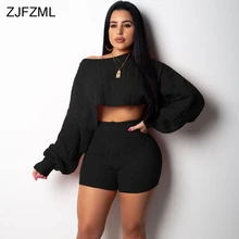 Autumn Winter 2 Two Piece Outfit For Women Long Sleeve Knitted Sweater Top And Biker Shorts Sweatsuits Casual Warm Matching Set 