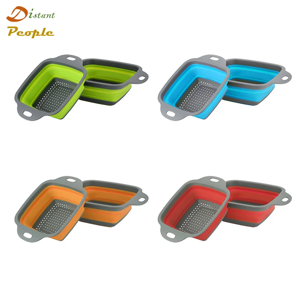 

1PC Foldable Silicone Colander Rectangle Fruit Vegetable Washing Basket Strainer Collapsible Drainer With Handle Kitchen Tools