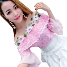 Женская летняя сетчатая рубашка, милая Цветочная кружевная блузка, женская блузка с вырезом лодочкой и коротким рукавом, блузы, Короткие топы AB848