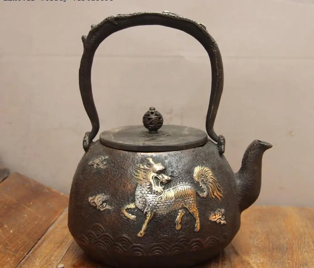 

Jepanese Iron Silver Gilt Kylin Red-crowned Crane Water Bottle TeaPot Teakettle