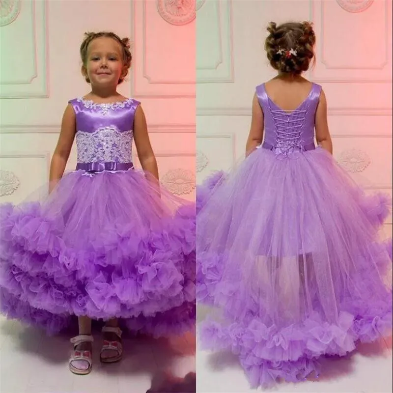 Vintage Lavender High Low Flower Girl Dress Lace Up Back Sash Ruffles Pageant Gowns Vestidos De Fiesta Custom Made Fomal Wear | Свадьбы и