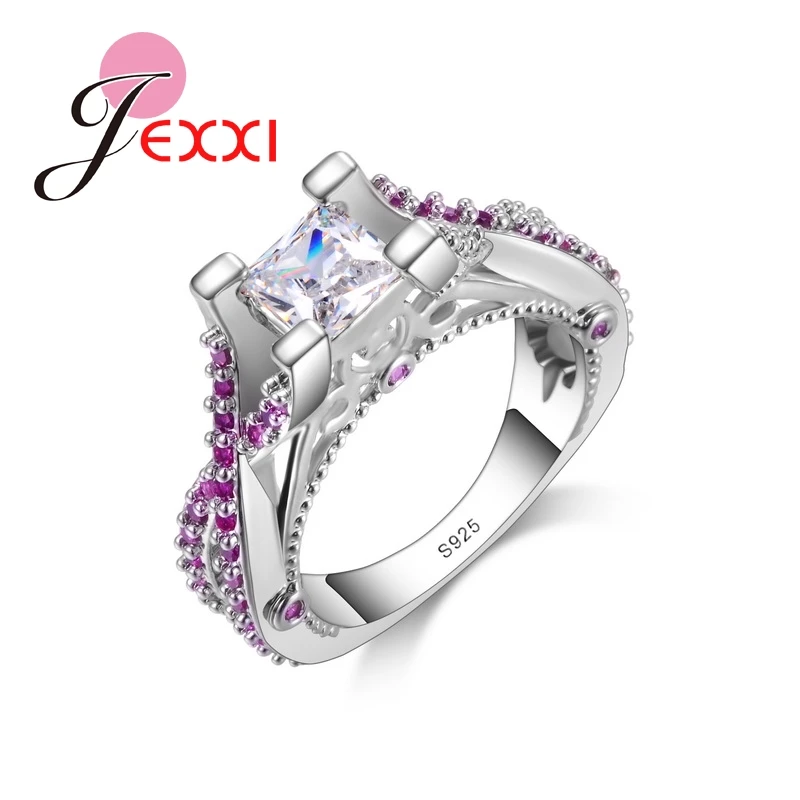 

JEXXI Fashion Design Luxury Rings For Lady Princess Cut 925 Sterling Silver Wedding Engagement Rings For Women