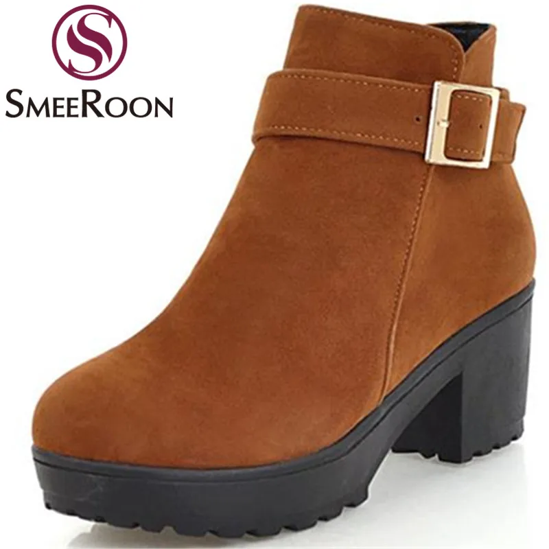 

Smeeroon platform flock buckle ankle boots zipper keep warm winter boots round toe comfortable boots campus shoes woman