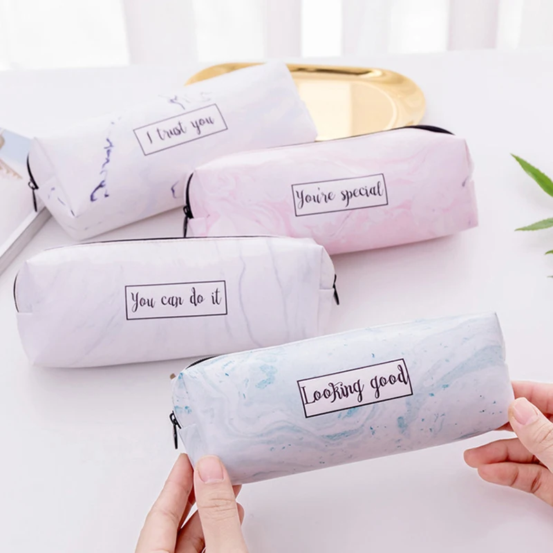 

Large Marble Pencil Case Kawai Pencilcase Cute Leather Pencil Box Pen Bag For Kids Gift Korean Stationery Office School Supplies