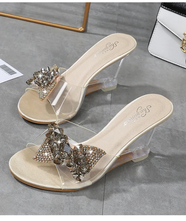 YEELOCA New High Heel Women's Wild Summer Women's Shoes Word Buckle Simple Wedge Sandals Transparent Bow-knot Slippers