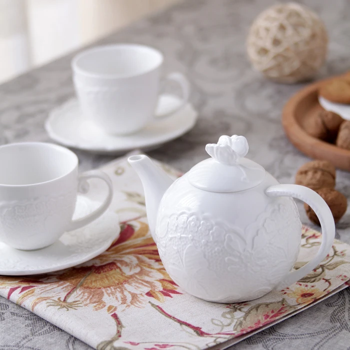 Elegant embossed lace butterfly bone china teapot & cup set (one teapot