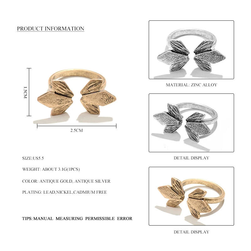 Новое поступление, сплав, открывающийся в виде листа, кольца на палец средней длины для женщин, винтажное Античное золото и серебристый цвет открыт, манжета, Женское кольцо, ювелирное изделие