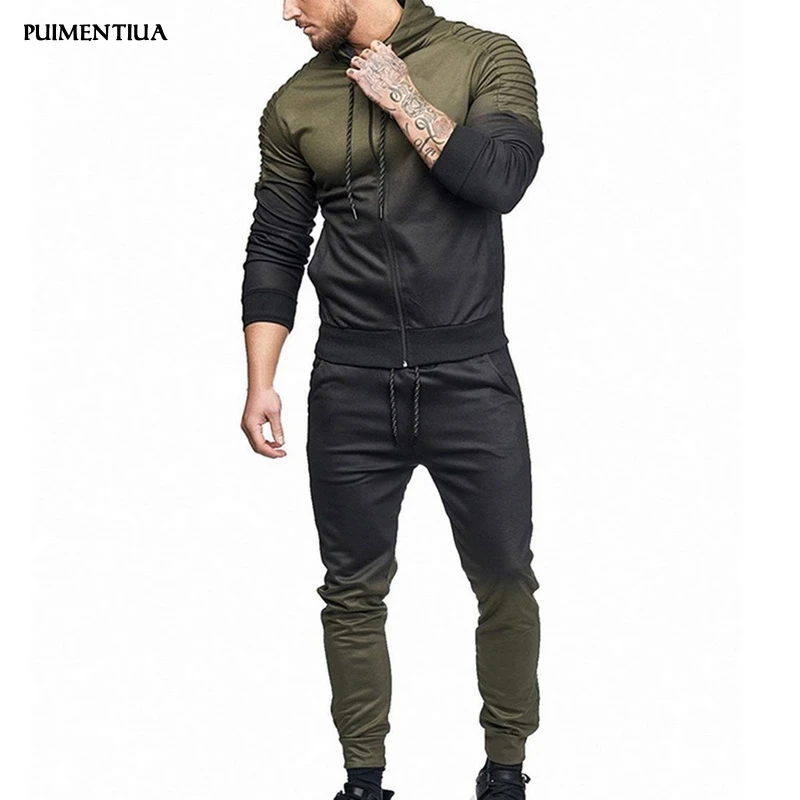 

Puimentiua 2019 Males Sportwear Set Zipper Hooded Sweatshirt Striped Folds Jacket+Pants Gradient Men Casual Sports Cotton Suit