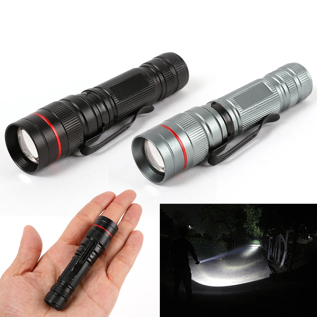

Silver/Black Fashion New Mini XPE-3505 3 Mode White Light Stretchable Flashlight