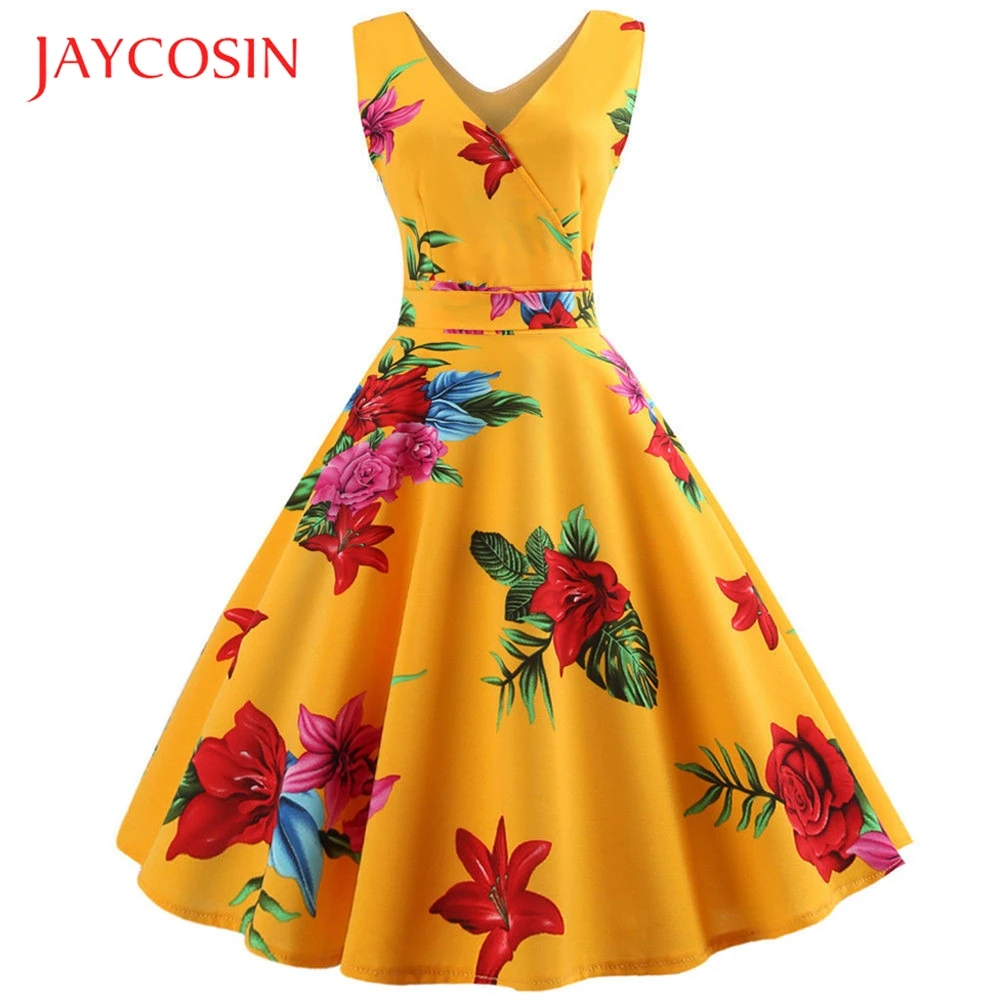 

JAYCOSIN Evening Party Print Women Sleeveless Floral Rockabilly Dress Swing Dress Fashion Design Make You More Attractive