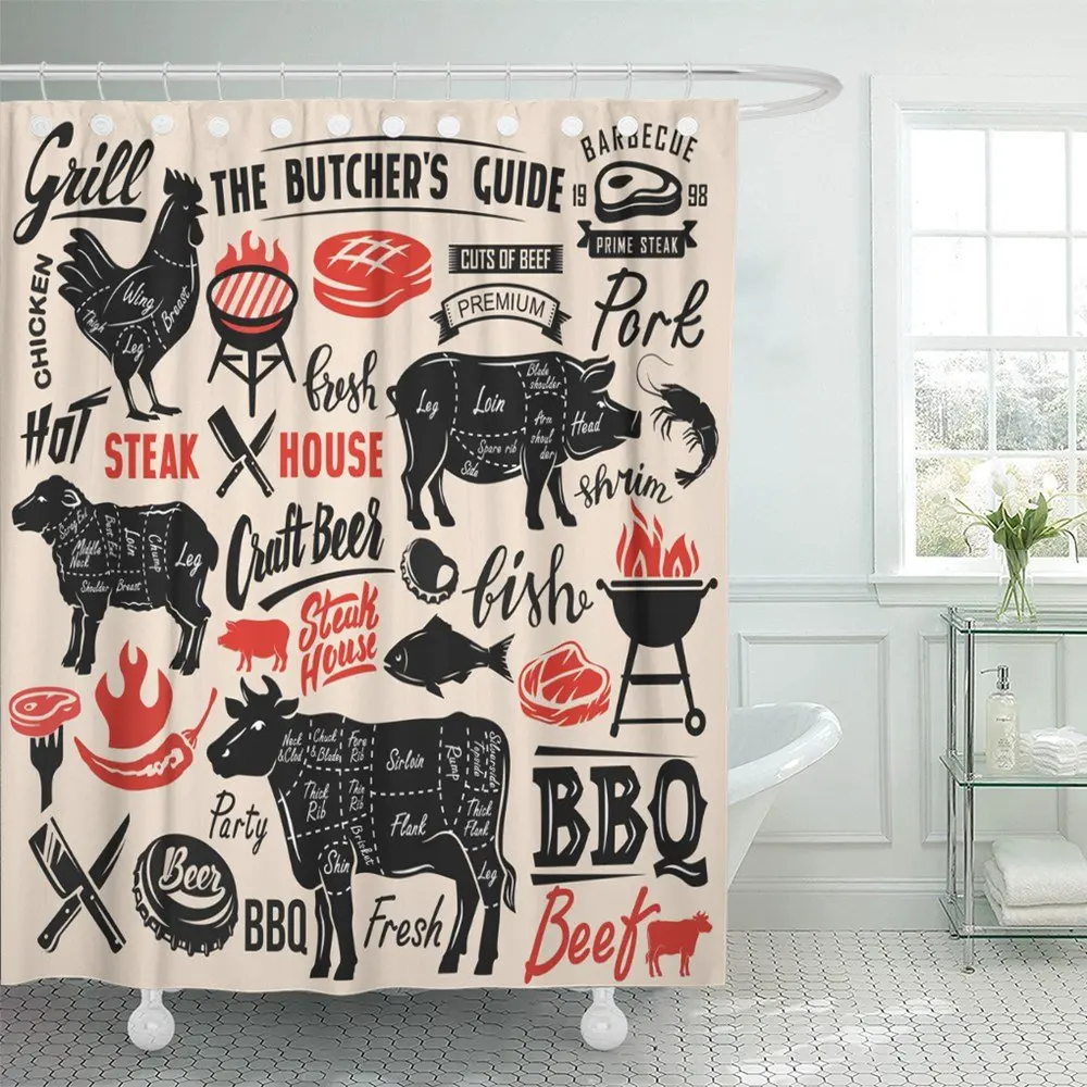 

Shower Curtain Print 72x78 Inches Black Beef Meat Steak House Scheme Lettering Cut Pig Bbq Grill Food Pork Bathroom