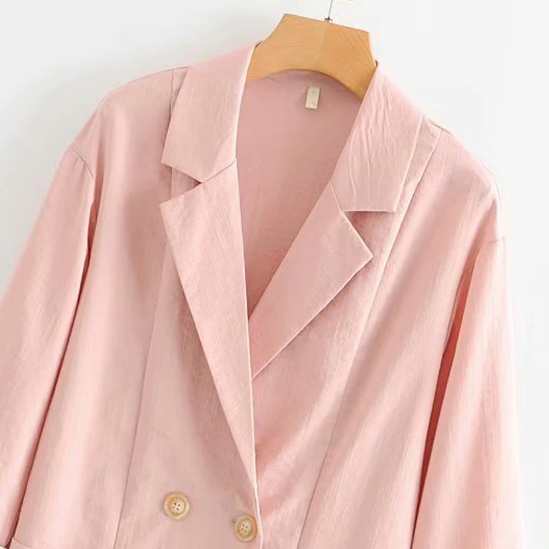 GOPLUS 2019 New Spring Korean Blazer Noteched Double Breasted Blazers Women OL Office Lady Cotton Linen Pink Green Blazer  C7801