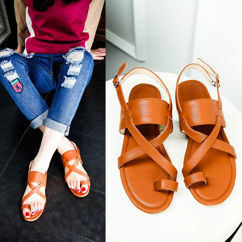 

Women Flat Sandals simple Clip Toe Sandals Lady Brown Pu Leather Brand Flip Flops Beach Shoes Women Big size 34-47 casual shoes
