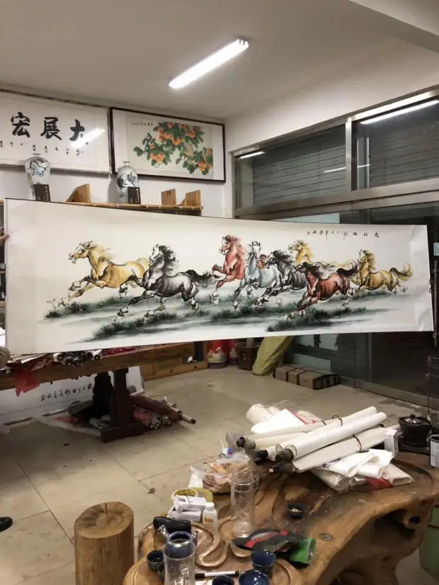 

350CM Large- TOP foreign business gift Home SHOP WALL Decorative Success 8 running horses FENG SHUI art chinese painting work