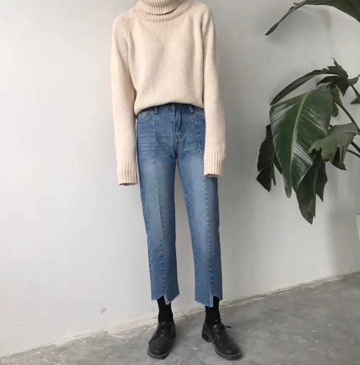 Real shot 2017 new waist was thin Slim straight wild jeans break irregular jeans 11 points