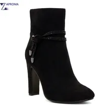 Women Ankle Strap Chunky Heel Ankle Boots Elegant Suede Super High Heel Black Fleeces Shoes 2018 Round Toe Female Winter Spring