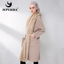 JEPLUDA New Cashmere Coat Women Genuine Rex Rabbit Fur Lapel Collar Wool Coat long Real Fur Coat Genuine Leather Jacket Women