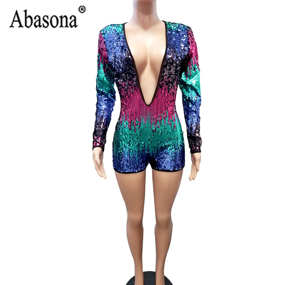 Abasona Sexy Women Deep V Neck Color Sequin Playsuit Long Sleeve Short Rompers Womens Jumpsuit Nightclub Bodycon Romper Female 