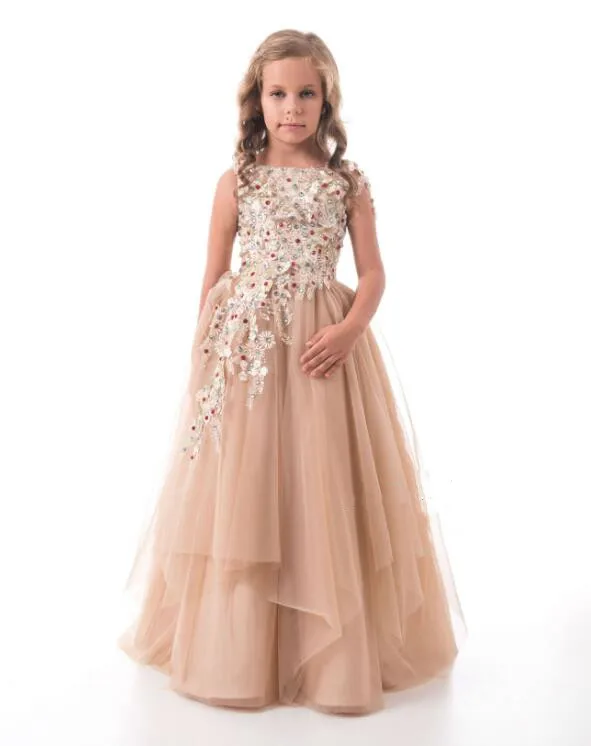 

Champagne New 3D Flowers Beaded Lace Flower Girls Dresses for Wedding Pageant Gown Party Birthday Dress for little girls