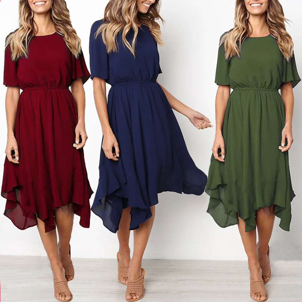 Women Summer Short Round Neck Sleeve Slim Ruffles Tulle Dress Elastic Irregular Pullover Mesh Gauze Voile Midi Pearls | Женская одежда