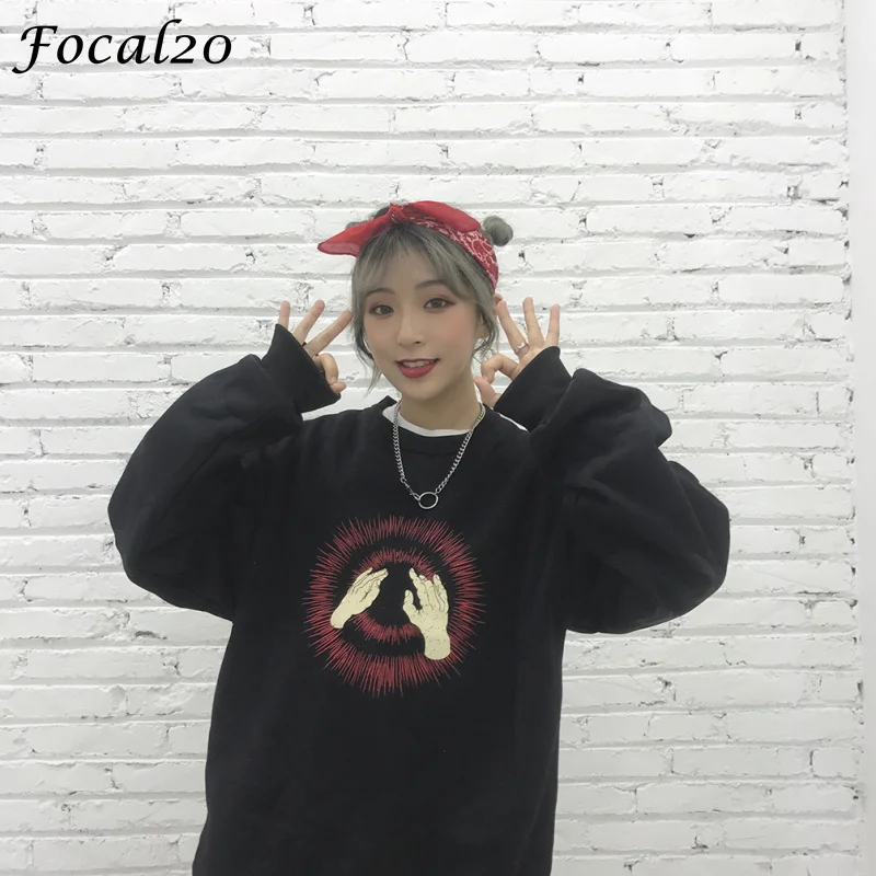 

Focal20 Harajuku Autumn Winter Hand Print Women Fleeces Hoodies Long Sleeve God Faith Oversize Velvet Hooded Sweatshirt Pullover