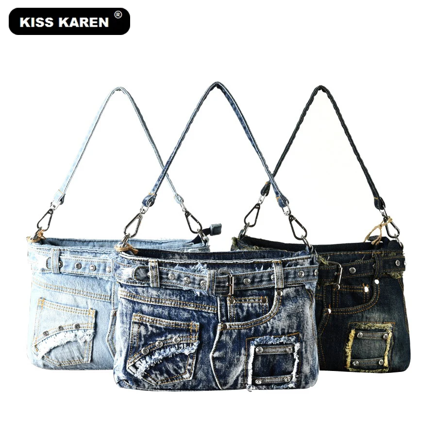 KISS KAREN Diamond Studs Denim Bag Women Handbags Women Shoulder Bags Jeans Women's Crossbody Bags Lady Fashion Satchels KISS KAREN Diamond Studs Denim Bag Women Handbags Women Shoulder Bags Jeans Women's Crossbody Bags Lady Fashion Satchels