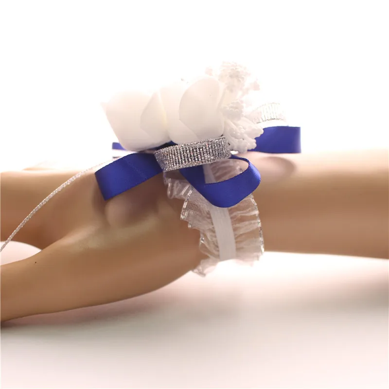 Silk Roses White Wrist Corsage for Bridesmaids - Elegant Floral Bracelet in Pink and Blue for Weddings