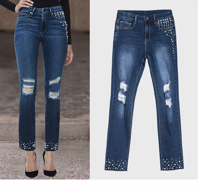 2018 Europe and the United States Women's new high-rise jeans Pearl beaded women's summer jeans trousers (6)