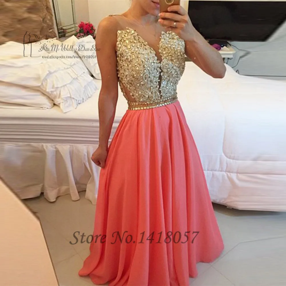 

Vestido de Festa Longo Gold Lace Evening Dresses Long Backless Coral Prom Dress Sleeveless Formal Women Dress Abendkleider 2016