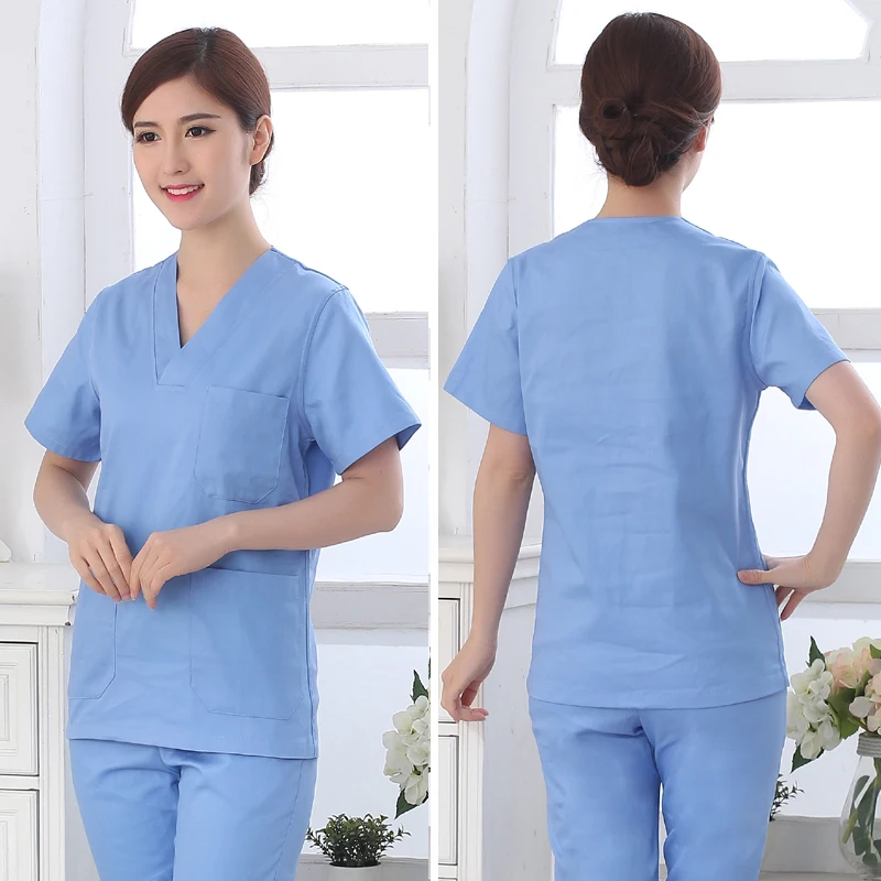 Белая медицинская униформа для женщин, больничный медицинский костюм с короткими рукавами, медицинский костюм, униформа для ухода - Цвет: Sky blue