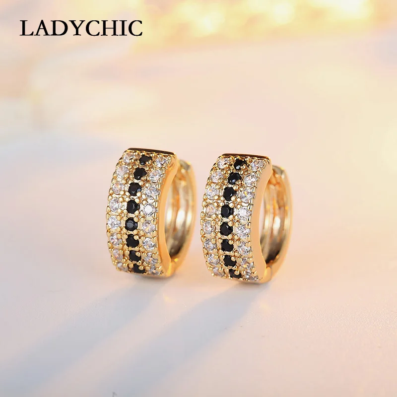 LADYCHIC,, золотой цвет, высокое качество, серьги-кольца, проложенные крошечным черным цирконием, женские свадебные/вечерние серьги, ювелирное изделие, LE1202
