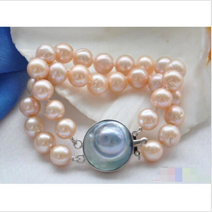 

Free shipping@@@@@ P4034 2row 8" 12mm ROUND PINK PEARL BRACELET MABE