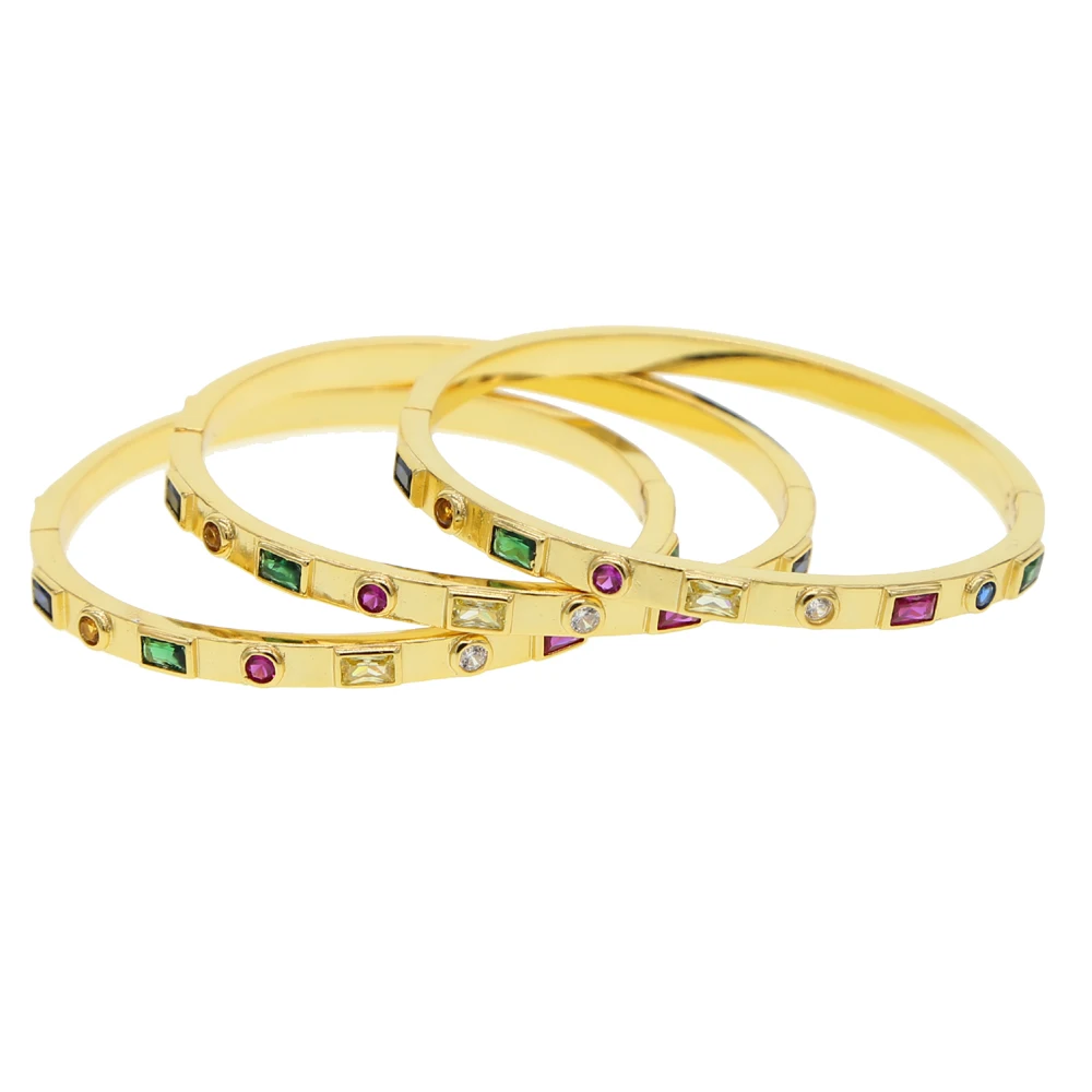 

2019 new arrived shiny gold color bangle bracelet with rainbow cz bezel fashion big wrist bangle heavy bracelet for women lady